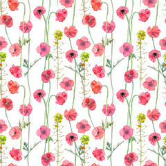 colorful seamless texture with blossom of poppies. watercolor painting