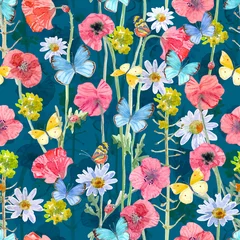 Vlies Fototapete Mohnblumen Mode nahtlose Textur mit Blüte von Mohn und Schmetterlingen. Aquarellmalerei