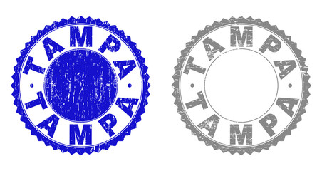 Grunge TAMPA stamp seals isolated on a white background. Rosette seals with grunge texture in blue and gray colors. Vector rubber stamp imitation of TAMPA text inside round rosette.