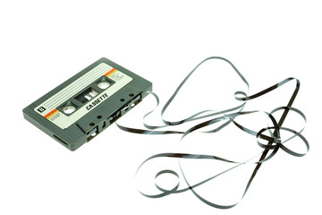 Vintage compact cassette tape on white background, Close up set of old audio tapes