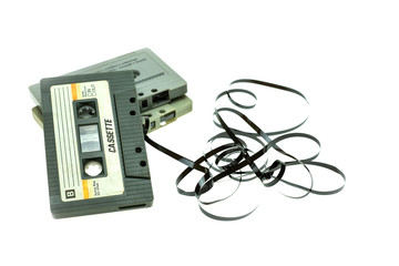 Vintage compact cassette tape on white background, Close up set of old audio tapes
