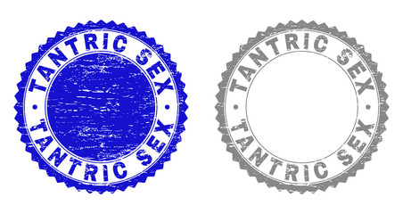 Obraz premium Grunge TANTRIC SEX stamp seals isolated on a white background. Rosette seals with grunge texture in blue and grey colors. Vector rubber stamp imitation of TANTRIC SEX caption inside round rosette.