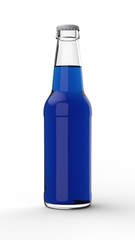 Transparent bottle with bubble blue liquid and white cap on white background. 3D render Mockup
