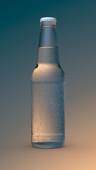 Transparent bottle with bubble transparent liquid and white cap on color background. 3D render Mockup