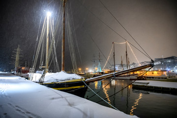Parking yachts in night winter Oslo , Norway. 28-01-2019