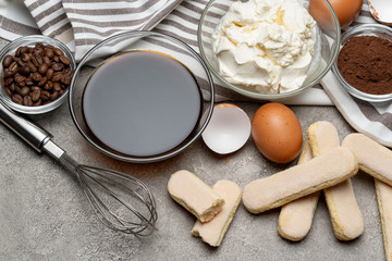 frame made of Ingredients for making traditional Italian dessert Tiramisu