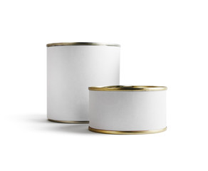 Two blank food tin cans isolated on white background. Ready for your design. Clipping path.