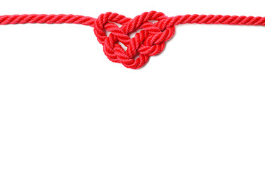 Heart made of red rope on white background, top view with space for text