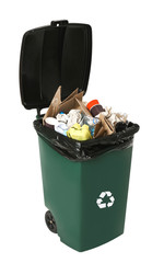 Fototapeta na wymiar Trash bin with garbage on white background. Waste recycling