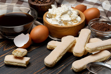 Fototapeta na wymiar frame made of Ingredients for making traditional Italian dessert Tiramisu