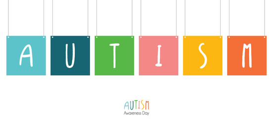 Autism awareness banner with hanging banners and letters of autism in ink brush style. Vector illustration for autism awareness day.