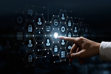 A male hand touching the financial and data security system structure.