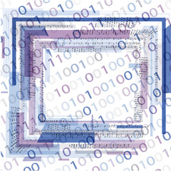 The  binary code and geometric shapes of different colors on white background.