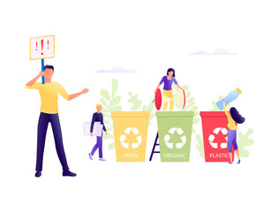 Recycling garbage - small little people throw garbage in containers. The employee is engaged in recycling garbage, business analysis. Ecology, earth day. Flat vector illustration.