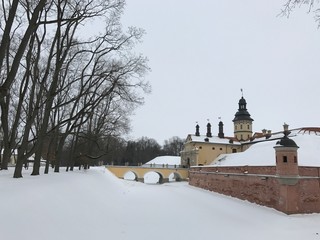 Nesvizh Castle in winter. Nyasvizh, Nieśwież, Nesvizh,&nbsp;Niasvizh, Nesvyzhius, Nieświeżh, in Minsk Region, Belarus. Site of residential castle of the Radziwill family. 