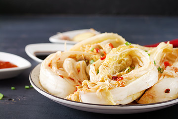 Chinese cabbage. Kimchi cabbage. Korean traditional food. Fermented food. Vegetarian food concept.