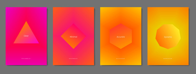 Set of minimal posters with smooth blend gradient background and simple geometric shape. Clean and beautiful colors. Album format, A4, A3, A2.