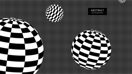 Abstract modern minimal background. Futuristic illustration with spheres and dots. Kinetic shapes abstraction. Technology conception with 3d landscape. Black white perforated texture.