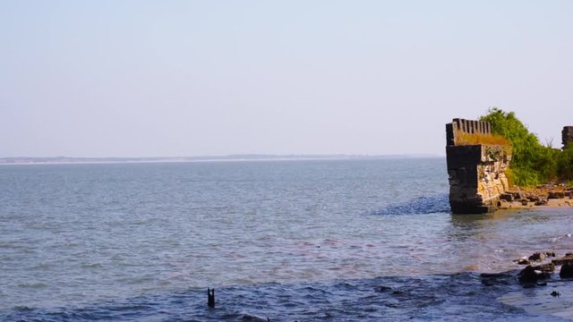 Moss and tree covered stone wall ending in ocean waves from diu fort in gujarat india