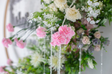 Wedding Backdrop to the beauty of the flower arrangements at the wedding ceremony for Bride and groom, Concept: Valentine's Day celebration for romance colorful love, White stage wallpaper style templ