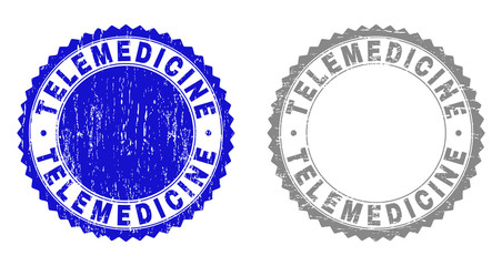 Grunge TELEMEDICINE stamp seals isolated on a white background. Rosette seals with grunge texture in blue and gray colors. Vector rubber stamp imitation of TELEMEDICINE tag inside round rosette.