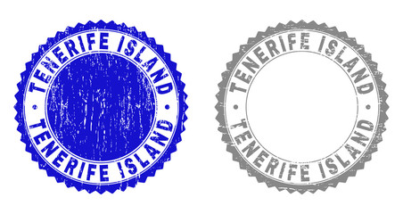 Grunge TENERIFE ISLAND stamp seals isolated on a white background. Rosette seals with distress texture in blue and gray colors.