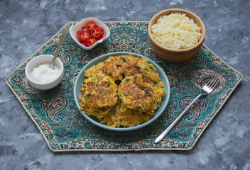 Iranian food. Organic vegetable cutlets. Top view