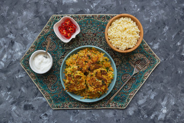 Iranian food. Organic vegetable cutlets. Top view