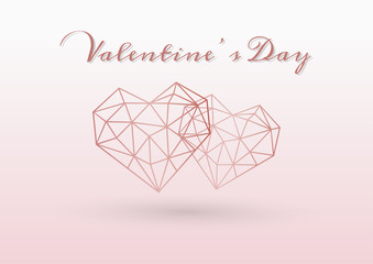 Happy valentines day pink background with rose gold geometric heart, Luxury love concept and copy space. Vector illustration
