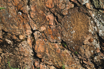 Background from old granite stone with cracks and moss close up