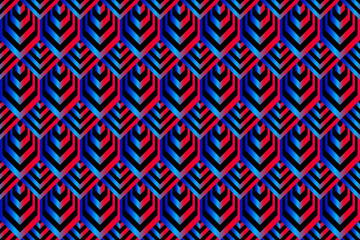 Seamless pattern with gradient color lines. Vector scales of striped hexagons and rhombuses. Op art background. Industrial technologic texture.