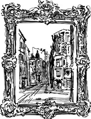 Vector drawing of a cityscape in ornate frame