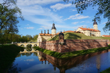 Nesvizh Castle on a sunny day. Nyasvizh, Nieśwież, Nesvizh, Niasvizh, Nesvyzhius, Nieświeżh, in Minsk Region, Belarus. Site of residential castle of the Radziwill family. 