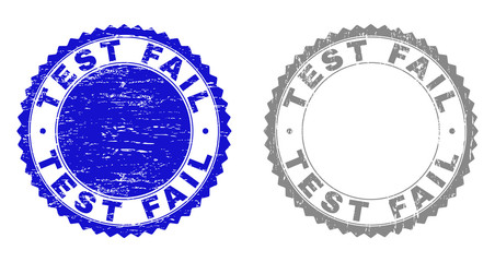 Grunge TEST FAIL stamp seals isolated on a white background. Rosette seals with grunge texture in blue and grey colors. Vector rubber stamp imprint of TEST FAIL tag inside round rosette.