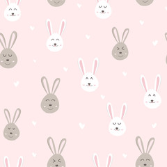 Adorable, cute rabbit with heart, cartoon face characters, baby and kids, animal seamless pattern pink pastel background texture vector illustration