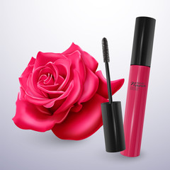 Mascara in realistic style on red rose background, vector illustration