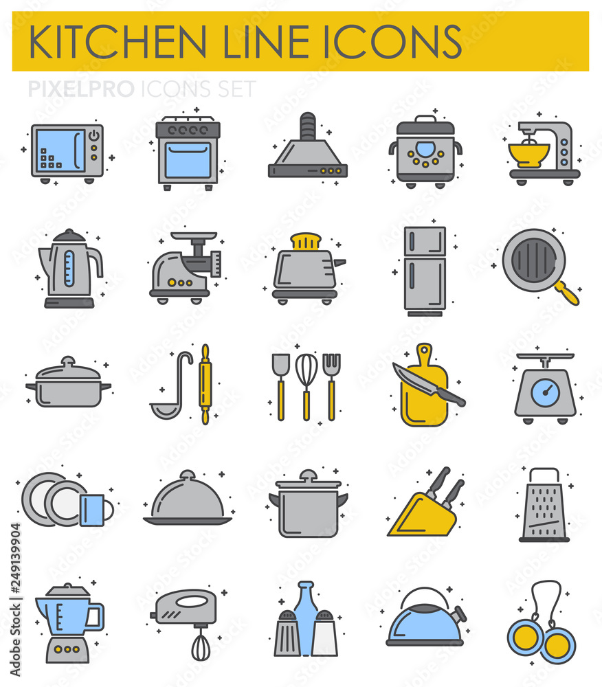Poster kitchen appliances line icons set on white background for graphic and web design, modern simple vect