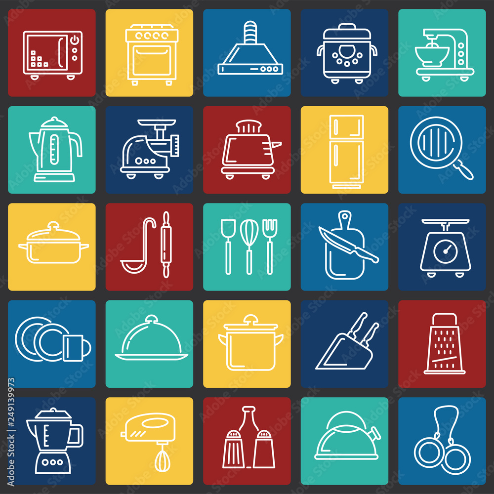 Poster kitchen appliances line icons set on color squares background for graphic and web design, modern sim