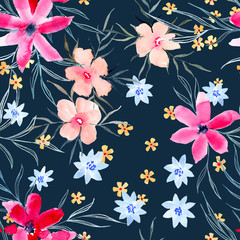 Watercolor floral hand drawn colorful bright seamless pattern
