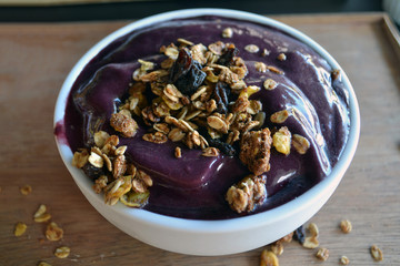 Açaí bowl with cereals. Tipical food in Brazil