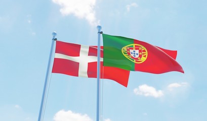 Portugal and Denmark, two flags waving against blue sky. 3d image