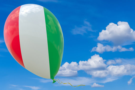 Balloon with the image of the national flag of Italy flying against the blue sky. 3D visualization, illustration with a copy of the space.