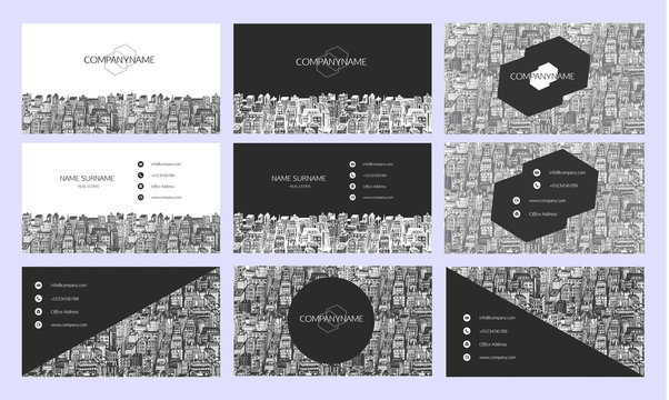 Business cards design with hand drawn cityscape background.