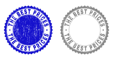 Grunge THE BEST PRICES stamp seals isolated on a white background. Rosette seals with distress texture in blue and grey colors.