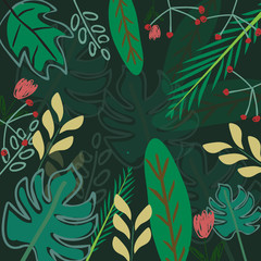 Botanical tropical green leave pattern, Happy summer tropical forest jungle scene, illustration vector by freehand