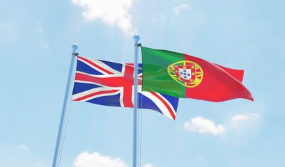 Portugal and UK, two flags waving against blue sky. 3d image