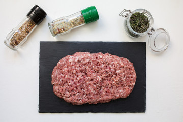 Raw minced pork and beef. Preparation of meat for meatballs.
