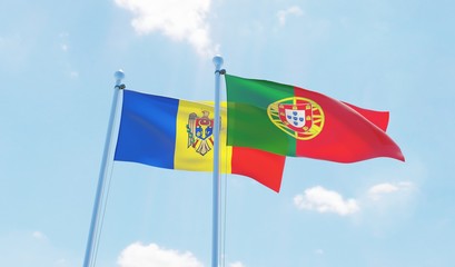 Portugal and Moldova, two flags waving against blue sky. 3d image