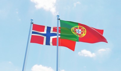 Portugal and Norway, two flags waving against blue sky. 3d image