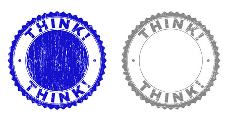Grunge THINK! stamp seals isolated on a white background. Rosette seals with grunge texture in blue and grey colors. Vector rubber stamp imitation of THINK! text inside round rosette.